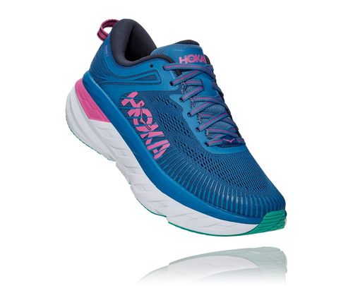 Women's Hoka One One Bondi 7 Road Running Shoes Vallarta Blue / Phlox Pink | IBYV26784