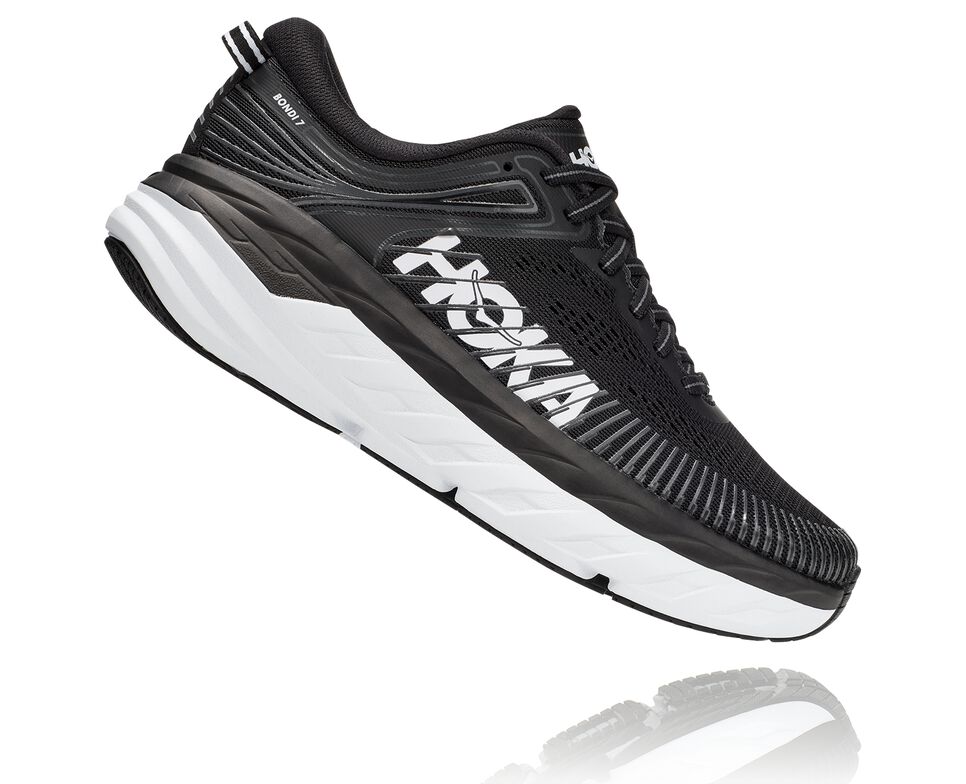 Men's Hoka One One Bondi 7 Road Running Shoes Black / White | XIGP41578