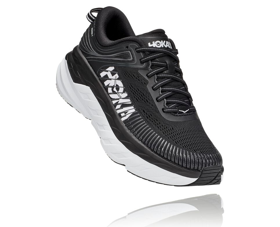 Men\'s Hoka One One Bondi 7 Road Running Shoes Black / White | XIGP41578