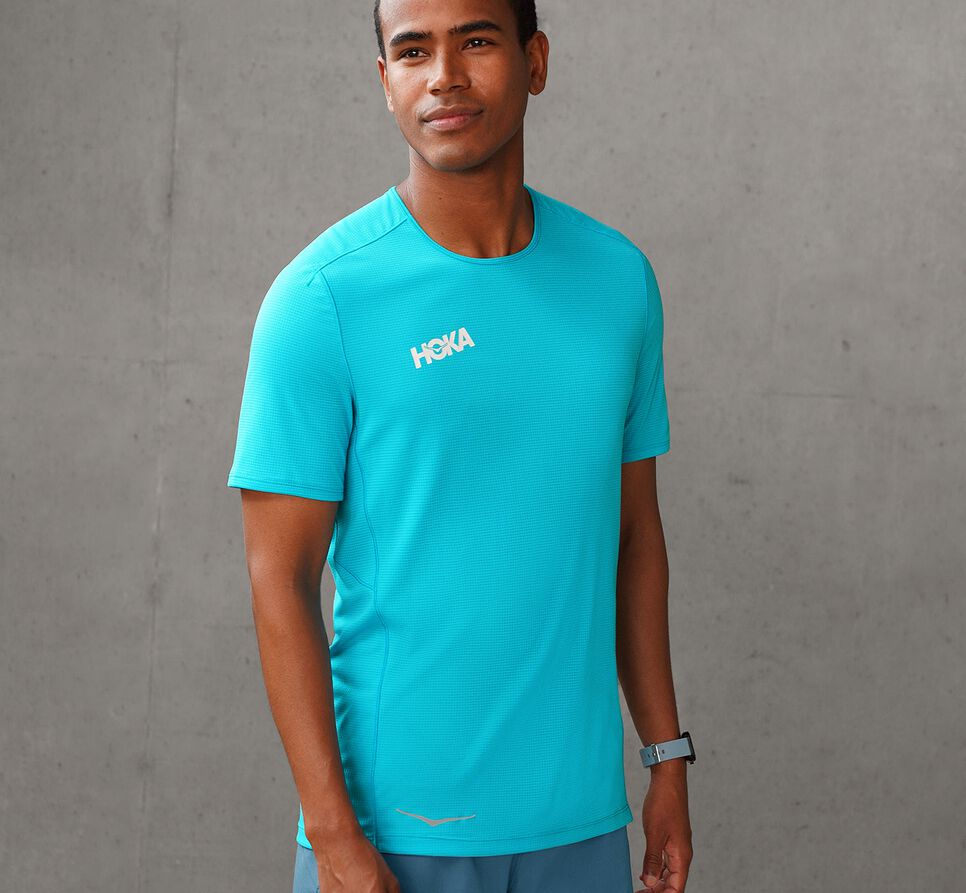 Men's Hoka One One Performance Short Sleeve T Shirts Scuba Blue | URMI79054