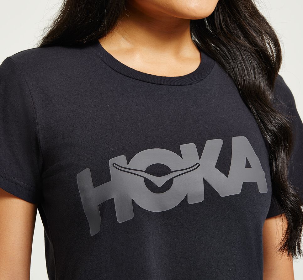 Women's Hoka One One Brand Tee Running Tees Black / Castlerock | DXPC73025