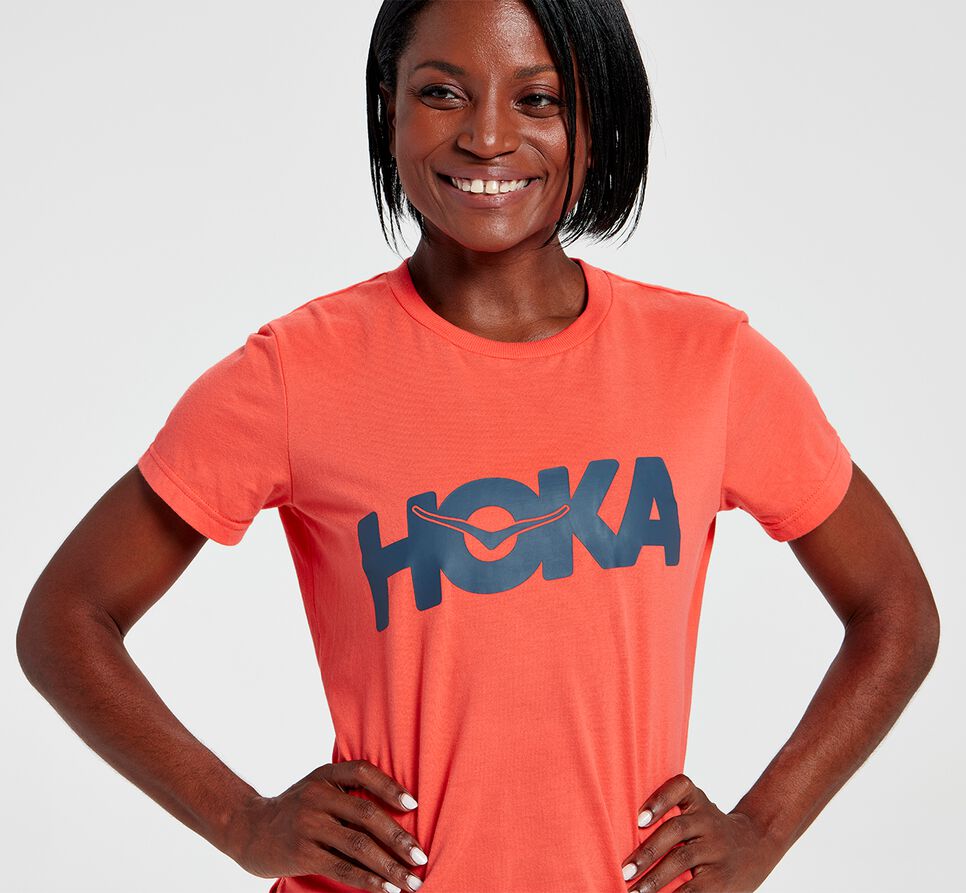 Women's Hoka One One Brand Tee Running Tees Hot Coral | QWHU81452